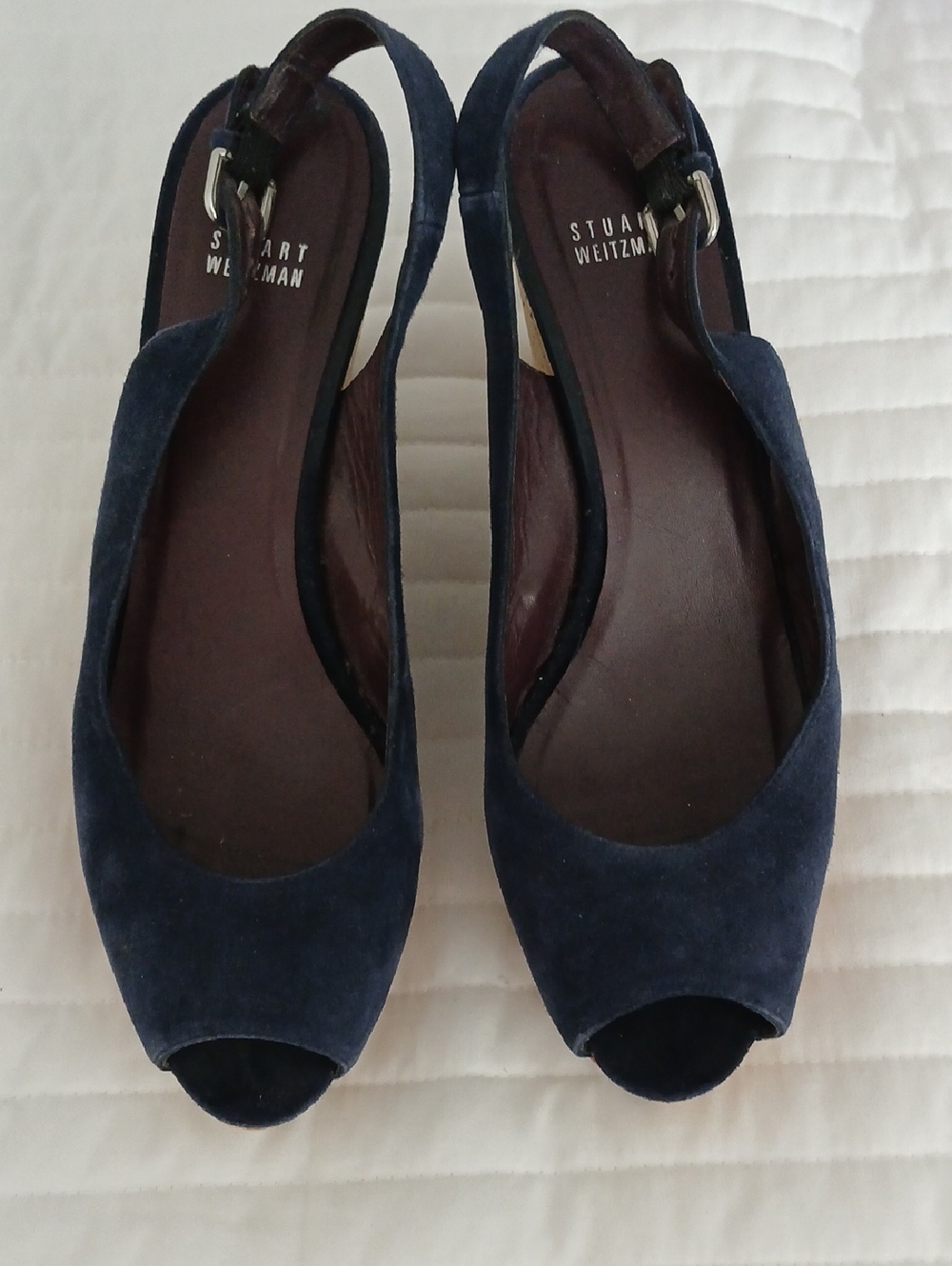Stuart Weitzman Navy Suede Peep-Toe Slingback Heels EUC